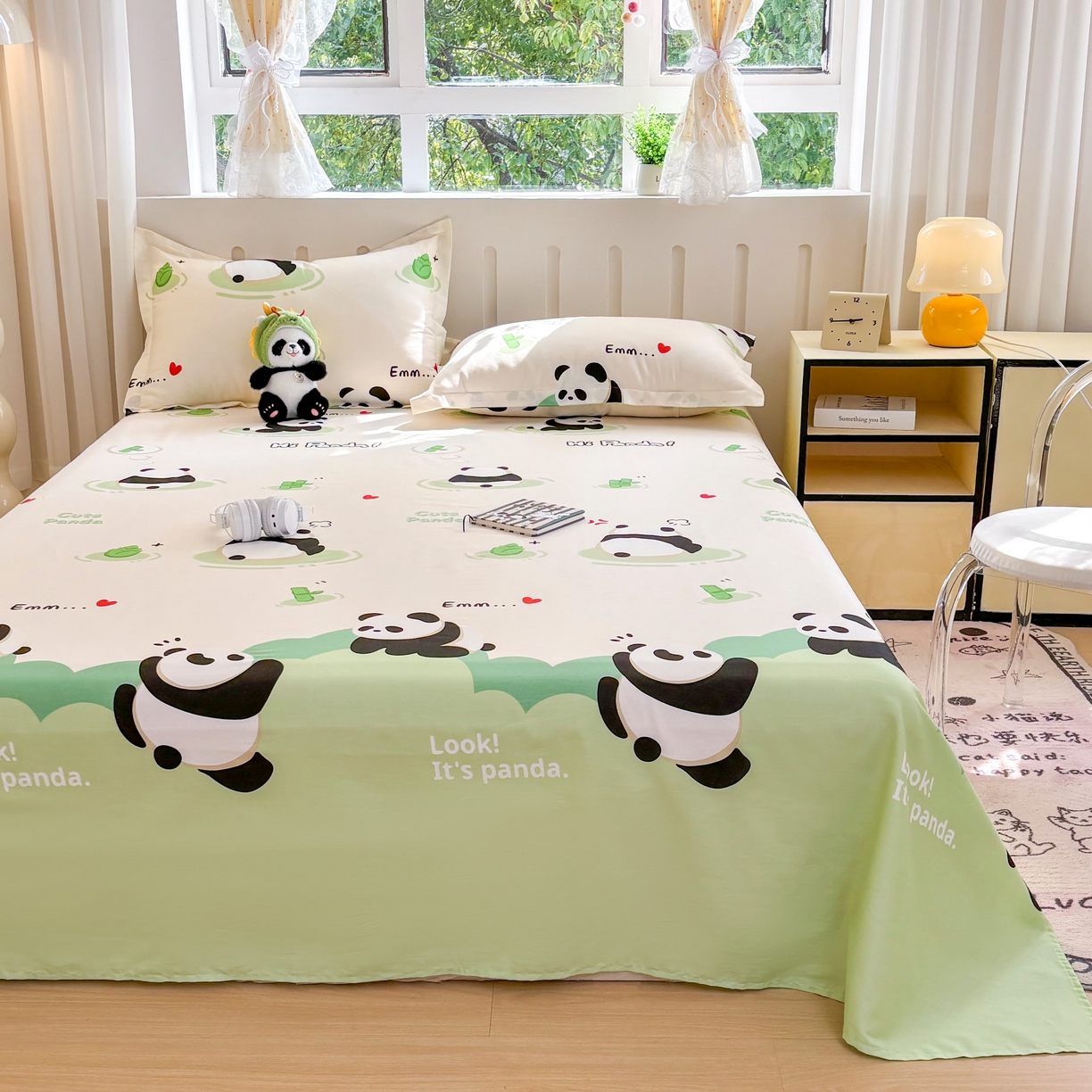 91家纺网 家纺一手货源 找家纺 大吉 2025新款亲肤舒适全棉纯棉喷气小清新印花系列单床单床单单件单品床单 萌萌潘达