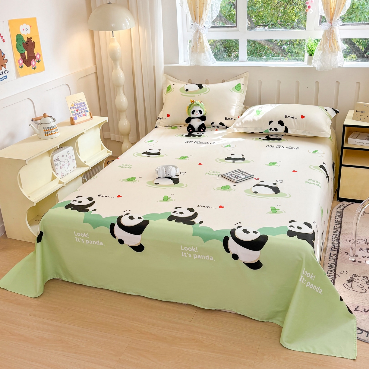 91家纺网 家纺一手货源 找家纺 大吉 2025新款亲肤舒适全棉纯棉喷气小清新印花系列单床单床单单件单品床单 萌萌潘达