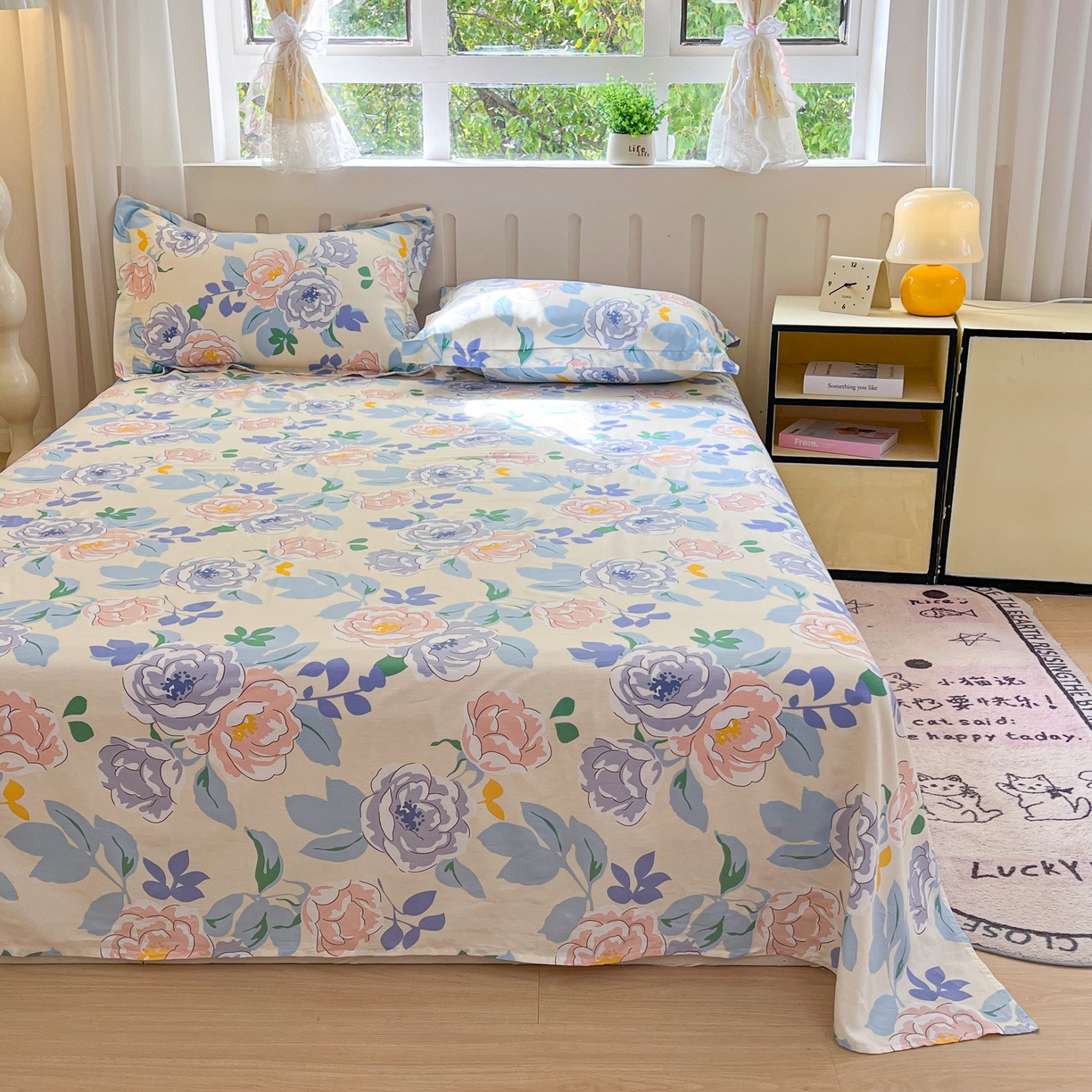 91家纺网 家纺一手货源 找家纺 大吉 2025新款亲肤舒适全棉纯棉喷气小清新印花系列单床单床单单件单品床单 山茶花开