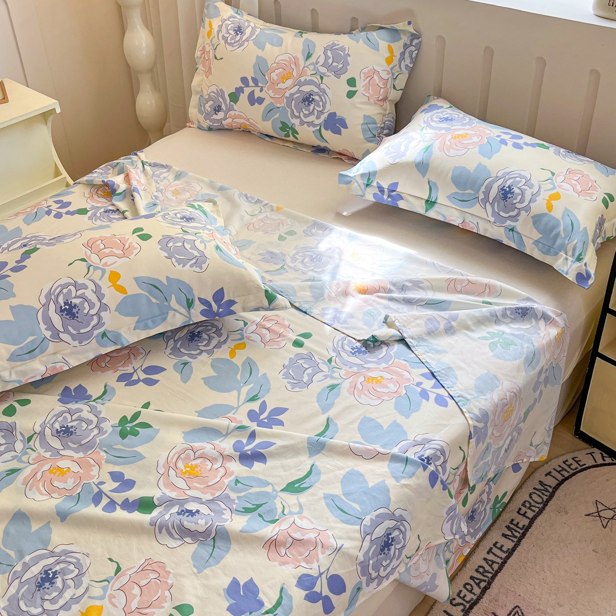 91家纺网 家纺一手货源 找家纺 大吉 2025新款亲肤舒适全棉纯棉喷气小清新印花系列单床单床单单件单品床单 山茶花开