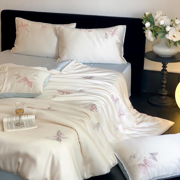 91家纺网 家纺一手货源 找家纺 云栖家居 2025兰精天丝四件套-蝶漫 漫蝶-蓝