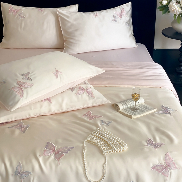 91家纺网 家纺一手货源 找家纺 云栖家居 2025兰精天丝四件套-蝶漫 漫蝶-粉