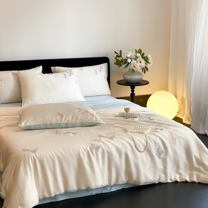 91家纺网 家纺一手货源 找家纺 云栖家居 2025兰精天丝四件套-蝶漫 漫蝶-蓝