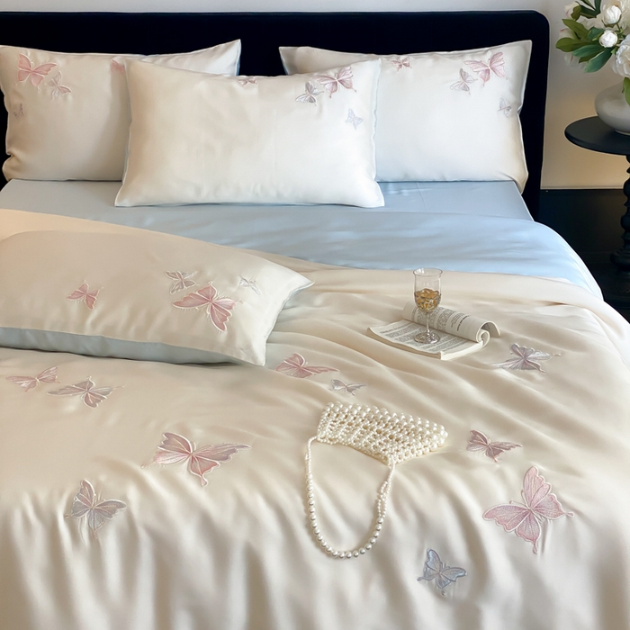 91家纺网 家纺一手货源 找家纺 云栖家居 2025兰精天丝四件套-蝶漫 漫蝶-蓝