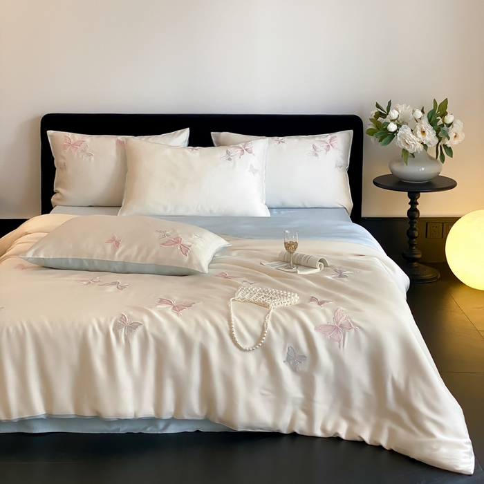 91家纺网 家纺一手货源 找家纺 云栖家居 2025兰精天丝四件套-蝶漫 漫蝶-蓝