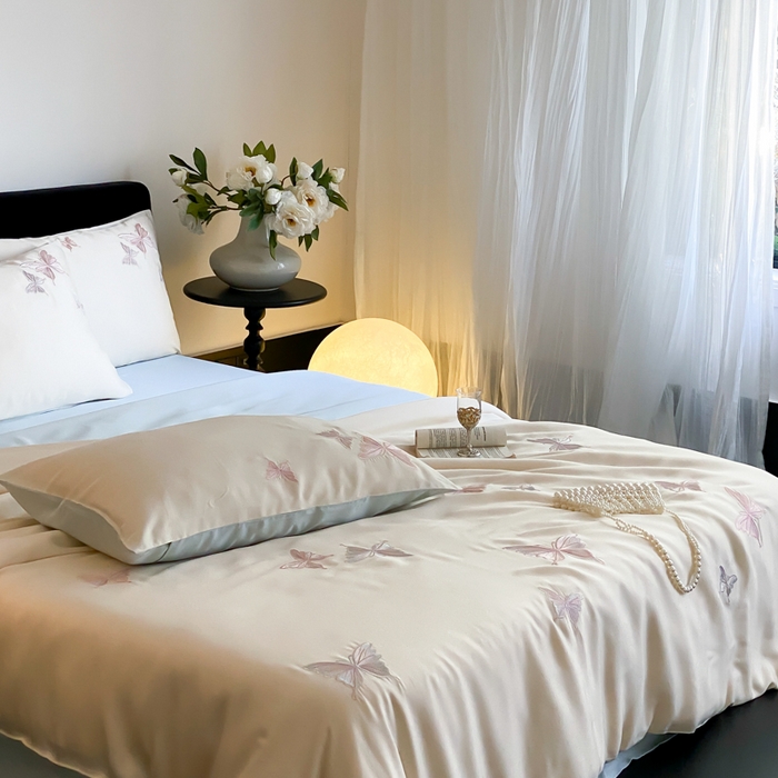 91家纺网 家纺一手货源 找家纺 云栖家居 2025兰精天丝四件套-蝶漫 漫蝶-蓝