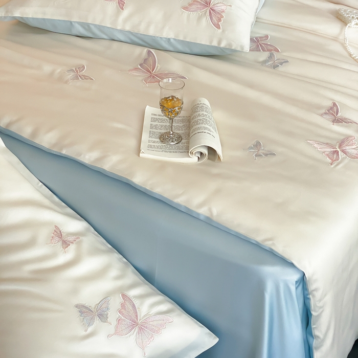 91家纺网 家纺一手货源 找家纺 云栖家居 2025兰精天丝四件套-蝶漫 漫蝶-蓝