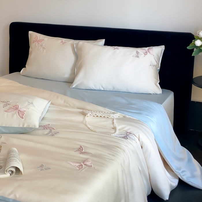 91家纺网 家纺一手货源 找家纺 云栖家居 2025兰精天丝四件套-蝶漫 漫蝶-蓝