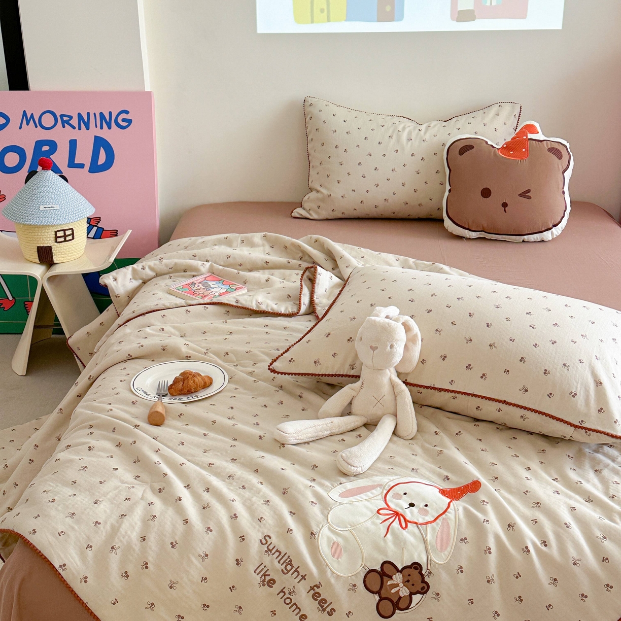 91家纺网 家纺一手货源 找家纺 觅糖家纺 2025春夏新款全棉双层纱夏被夏凉被空调被 礼物小兔