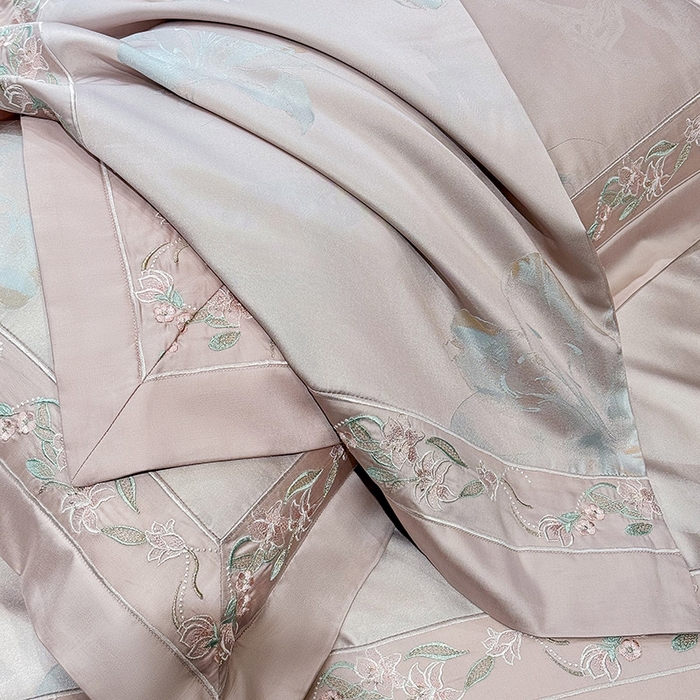 91家纺网 家纺一手货源 找家纺 （总） 2025新款高端A类天丝棉提花四件套真丝轻奢刺绣丝滑裸睡长绒棉爆款床上用品-薇澜