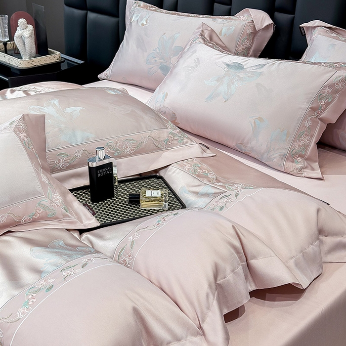 91家纺网 家纺一手货源 找家纺 （总） 2025新款高端A类天丝棉提花四件套真丝轻奢刺绣丝滑裸睡长绒棉爆款床上用品-薇澜