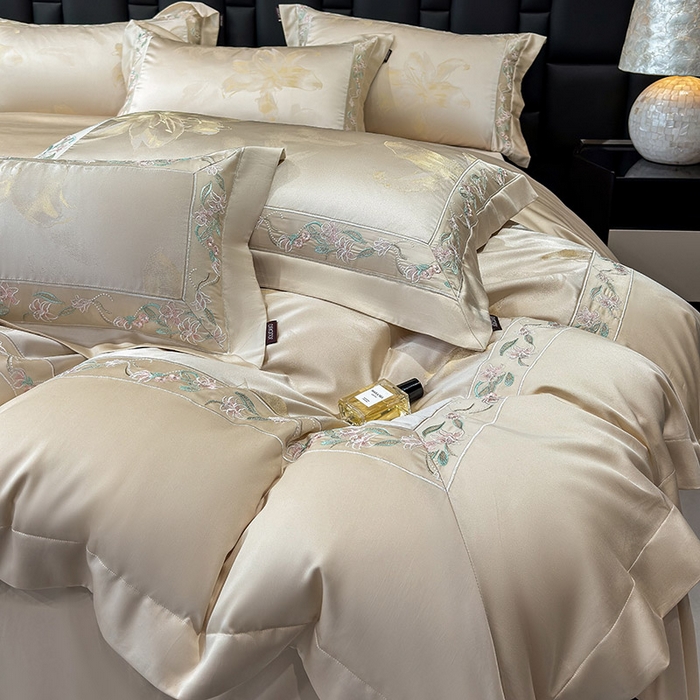 91家纺网 家纺一手货源 找家纺  2025新款高端A类天丝棉提花四件套真丝轻奢刺绣丝滑裸睡长绒棉爆款床上用品-薇澜 薇澜-太妃金