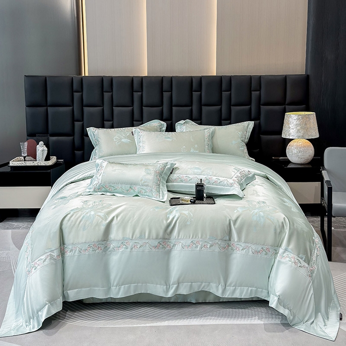 91家纺网 家纺一手货源 找家纺  2025新款高端A类天丝棉提花四件套真丝轻奢刺绣丝滑裸睡长绒棉爆款床上用品-薇澜 薇澜-云水绿
