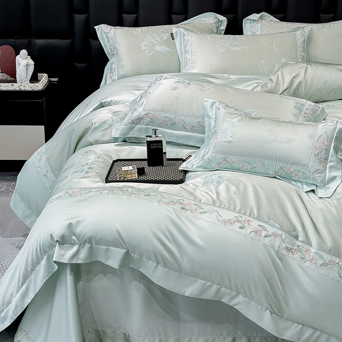 91家纺网 家纺一手货源 找家纺  2025新款高端A类天丝棉提花四件套真丝轻奢刺绣丝滑裸睡长绒棉爆款床上用品-薇澜 薇澜-云水绿