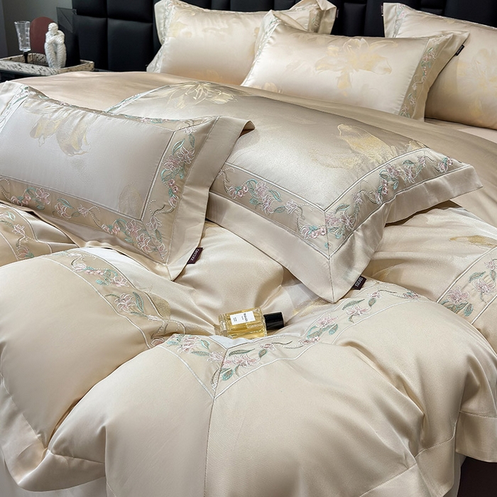 91家纺网 家纺一手货源 找家纺 （总） 2025新款高端A类天丝棉提花四件套真丝轻奢刺绣丝滑裸睡长绒棉爆款床上用品-薇澜