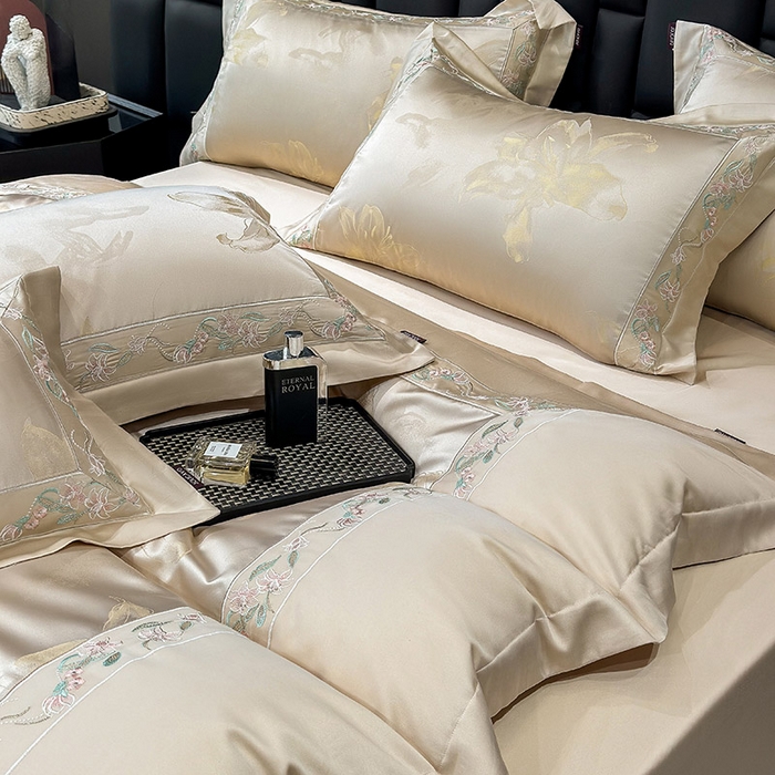 91家纺网 家纺一手货源 找家纺 （总） 2025新款高端A类天丝棉提花四件套真丝轻奢刺绣丝滑裸睡长绒棉爆款床上用品-薇澜