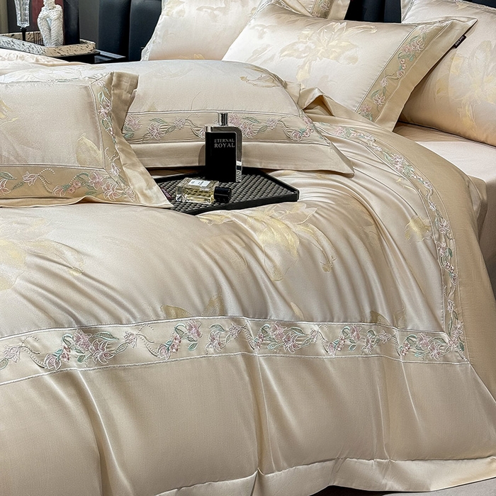 91家纺网 家纺一手货源 找家纺 （总） 2025新款高端A类天丝棉提花四件套真丝轻奢刺绣丝滑裸睡长绒棉爆款床上用品-薇澜