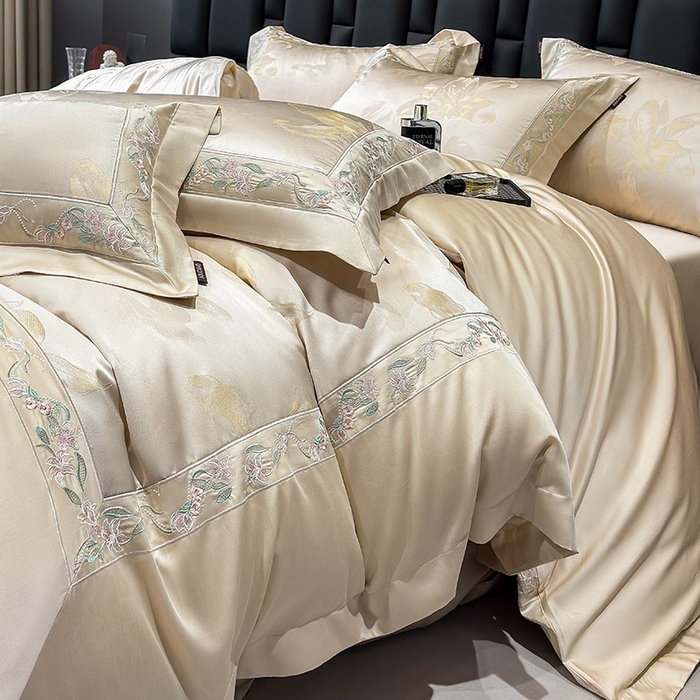 91家纺网 家纺一手货源 找家纺 （总） 2025新款高端A类天丝棉提花四件套真丝轻奢刺绣丝滑裸睡长绒棉爆款床上用品-薇澜