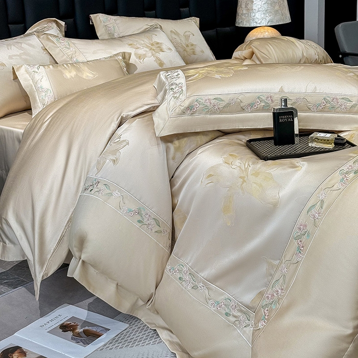  2025新款高端A类天丝棉提花四件套真丝轻奢刺绣丝滑裸睡长绒棉爆款床上用品-薇澜 薇澜-太妃金