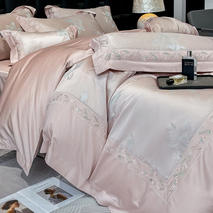  2025新款高端A类天丝棉提花四件套真丝轻奢刺绣丝滑裸睡长绒棉爆款床上用品-薇澜 薇澜-凝烟粉