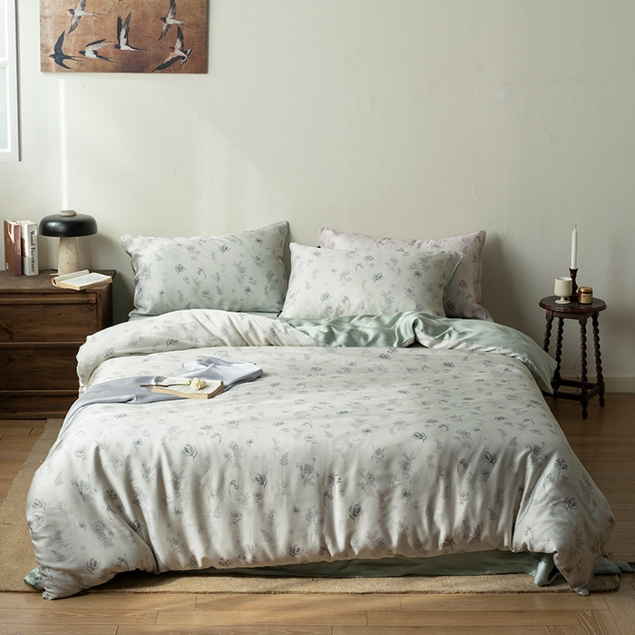 91家纺网 家纺一手货源 找家纺 禾时 2025新款60S兰精天丝数码印花四件套进口莱赛尔床品套件-知晓 知晓-绿