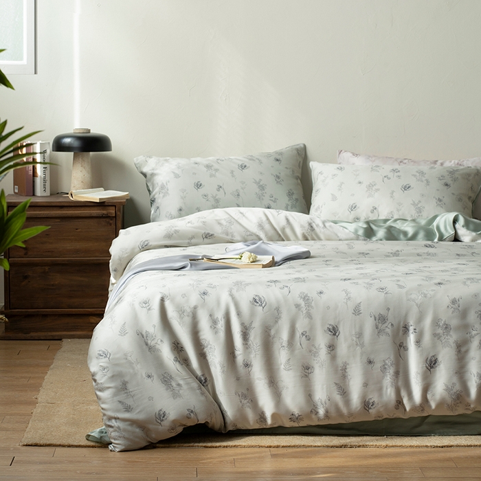 91家纺网 家纺一手货源 找家纺 禾时 2025新款60S兰精天丝数码印花四件套进口莱赛尔床品套件-知晓 知晓-绿