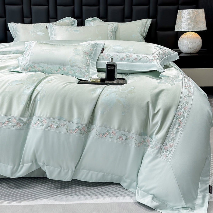 91家纺网 家纺一手货源 找家纺  2025新款高端A类天丝棉提花四件套真丝轻奢刺绣丝滑裸睡长绒棉爆款床上用品-薇澜 薇澜-云水绿