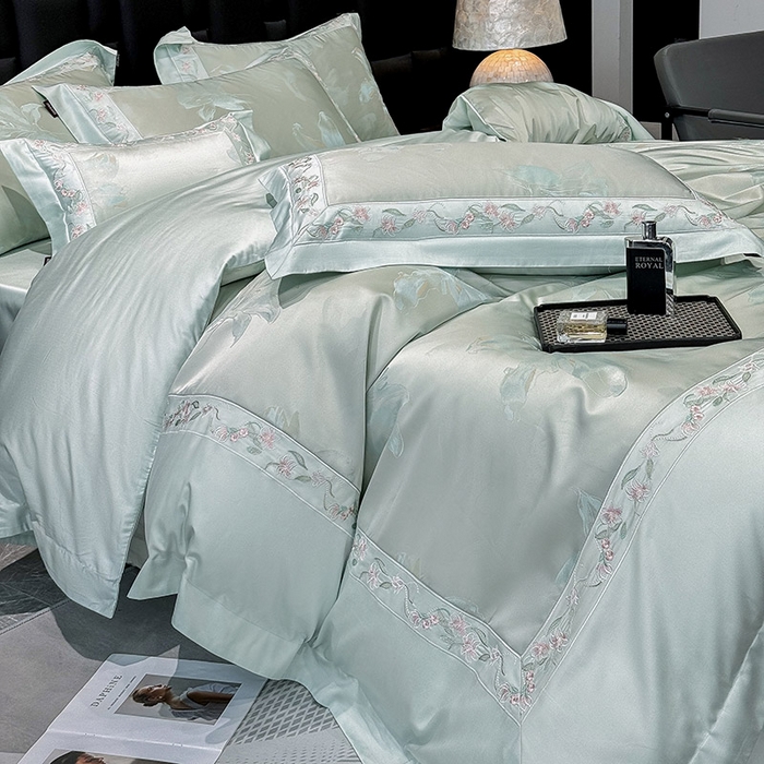  2025新款高端A类天丝棉提花四件套真丝轻奢刺绣丝滑裸睡长绒棉爆款床上用品-薇澜 薇澜-云水绿
