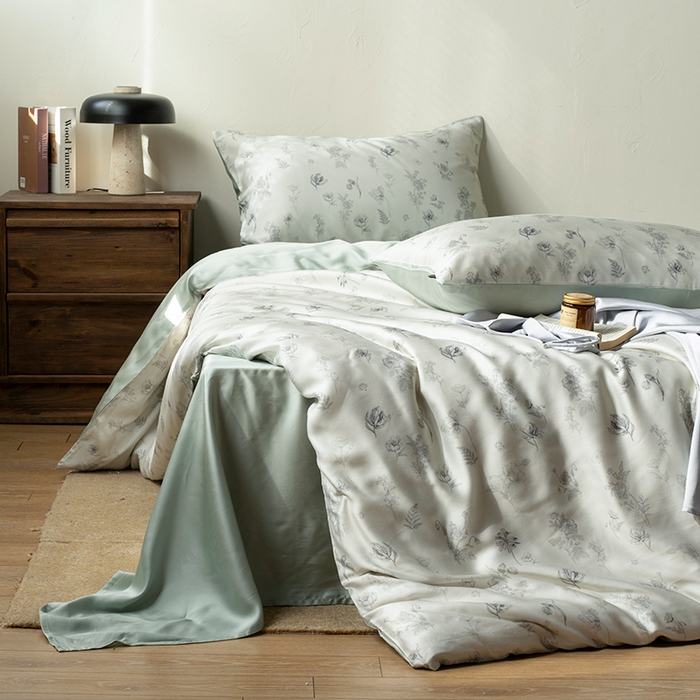 91家纺网 家纺一手货源 找家纺 禾时 2025新款60S兰精天丝数码印花四件套进口莱赛尔床品套件-知晓 知晓-绿