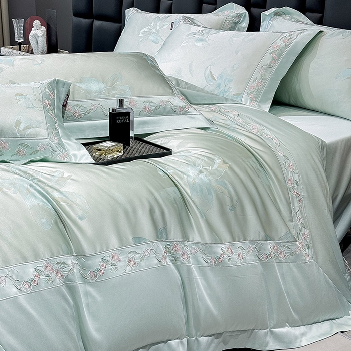 91家纺网 家纺一手货源 找家纺  2025新款高端A类天丝棉提花四件套真丝轻奢刺绣丝滑裸睡长绒棉爆款床上用品-薇澜 薇澜-云水绿