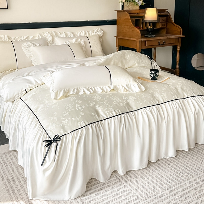 91家纺网 家纺一手货源 找家纺 凯美家居 2025新款法式风水洗真丝提花工艺四件套 雾中花 奶白