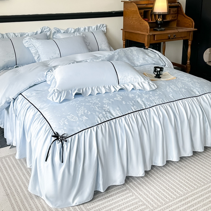 91家纺网 家纺一手货源 找家纺 凯美家居 2025新款法式风水洗真丝提花工艺四件套 雾中花 浅蓝