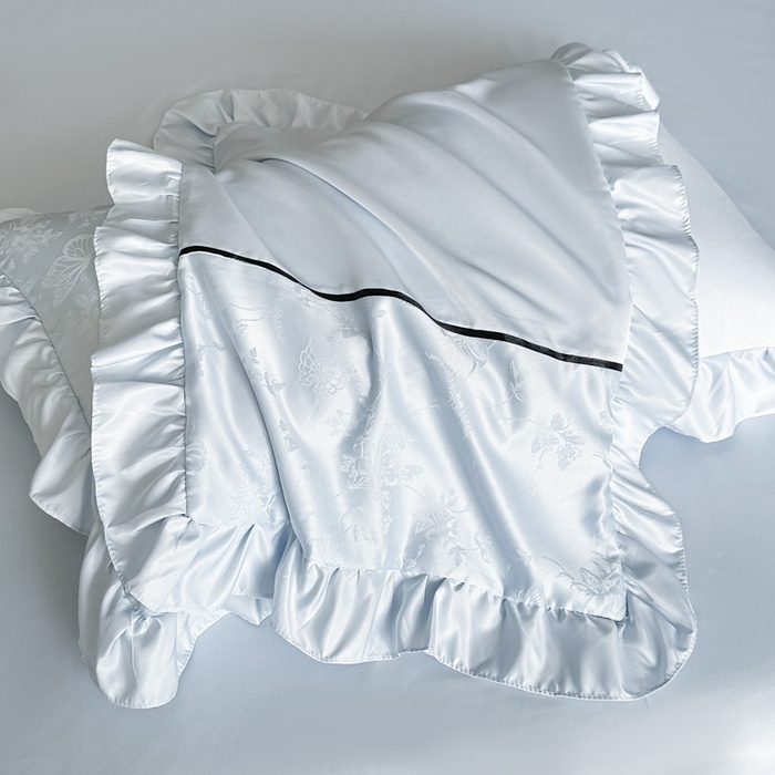 91家纺网 家纺一手货源 找家纺 凯美家居 2025新款法式风水洗真丝提花工艺四件套 雾中花 浅蓝