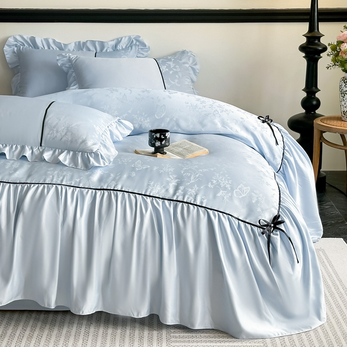 凯美家居 2025新款法式风水洗真丝提花工艺四件套 雾中花 浅蓝