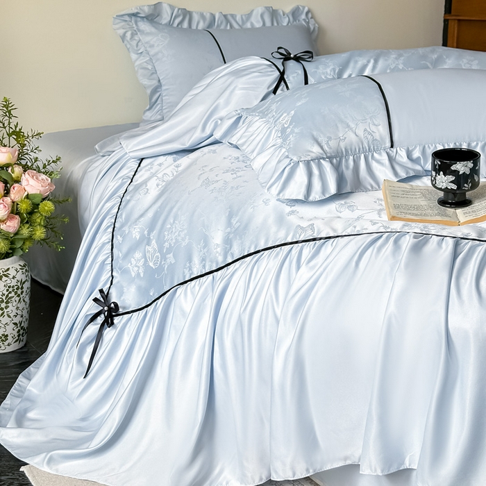 91家纺网 家纺一手货源 找家纺 凯美家居 2025新款法式风水洗真丝提花工艺四件套 雾中花 浅蓝