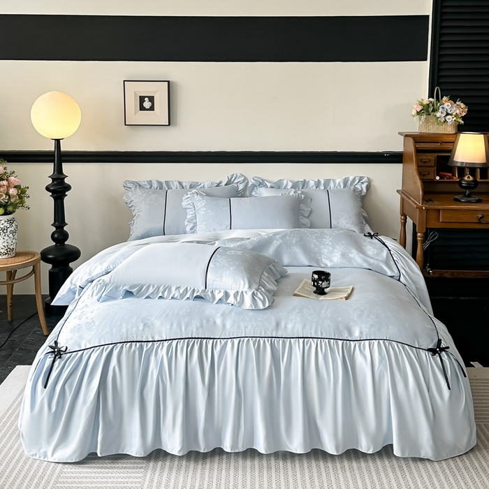 91家纺网 家纺一手货源 找家纺 凯美家居 2025新款法式风水洗真丝提花工艺四件套 雾中花 浅蓝