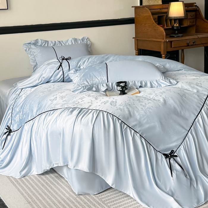 91家纺网 家纺一手货源 找家纺 凯美家居 2025新款法式风水洗真丝提花工艺四件套 雾中花 浅蓝