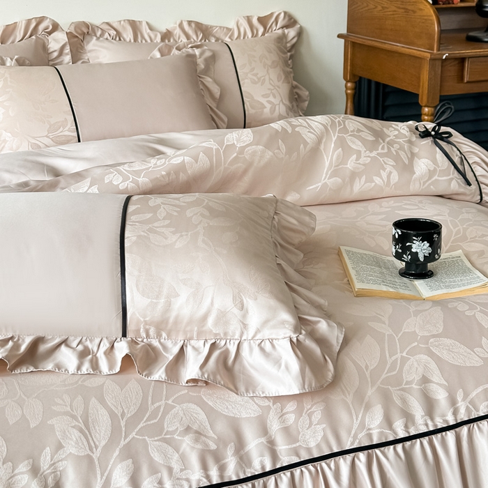 91家纺网 家纺一手货源 找家纺 凯美家居 2025新款法式风水洗真丝提花工艺四件套 叶琉璃 卡其