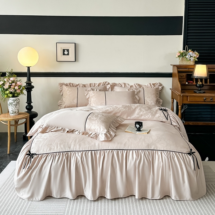 91家纺网 家纺一手货源 找家纺 凯美家居 2025新款法式风水洗真丝提花工艺四件套 叶琉璃 卡其