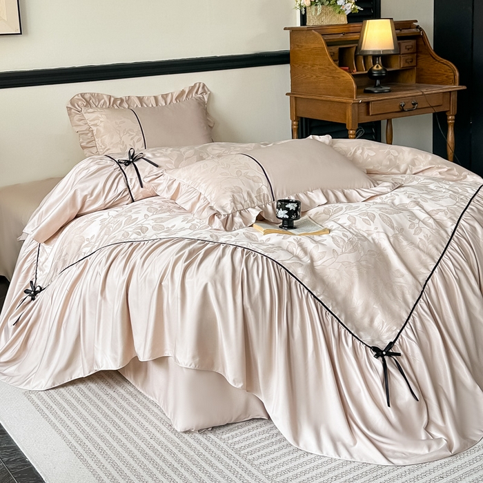 91家纺网 家纺一手货源 找家纺 凯美家居 2025新款法式风水洗真丝提花工艺四件套 叶琉璃 卡其