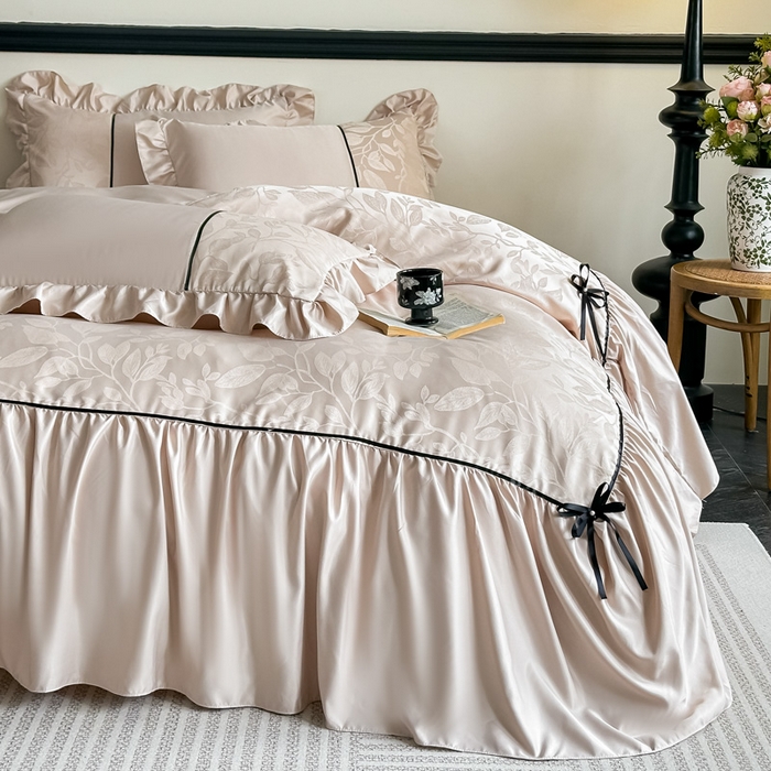 凯美家居 2025新款法式风水洗真丝提花工艺四件套 叶琉璃 卡其