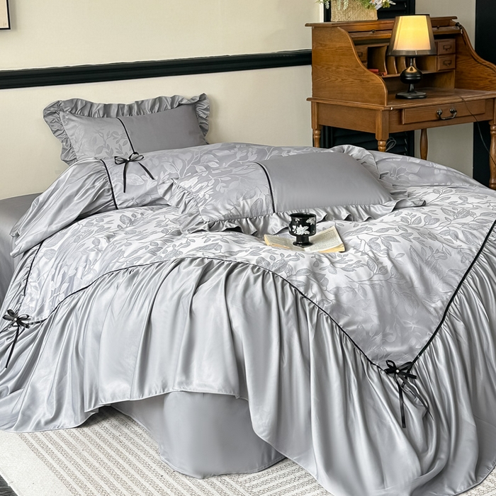 91家纺网 家纺一手货源 找家纺 凯美家居 2025新款法式风水洗真丝提花工艺四件套 叶琉璃 浅灰