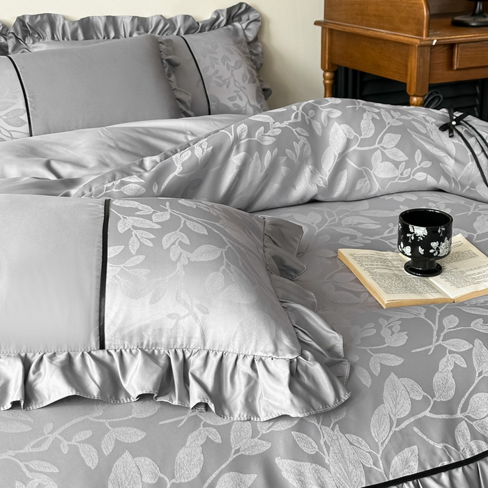 91家纺网 家纺一手货源 找家纺 凯美家居 2025新款法式风水洗真丝提花工艺四件套 叶琉璃 浅灰