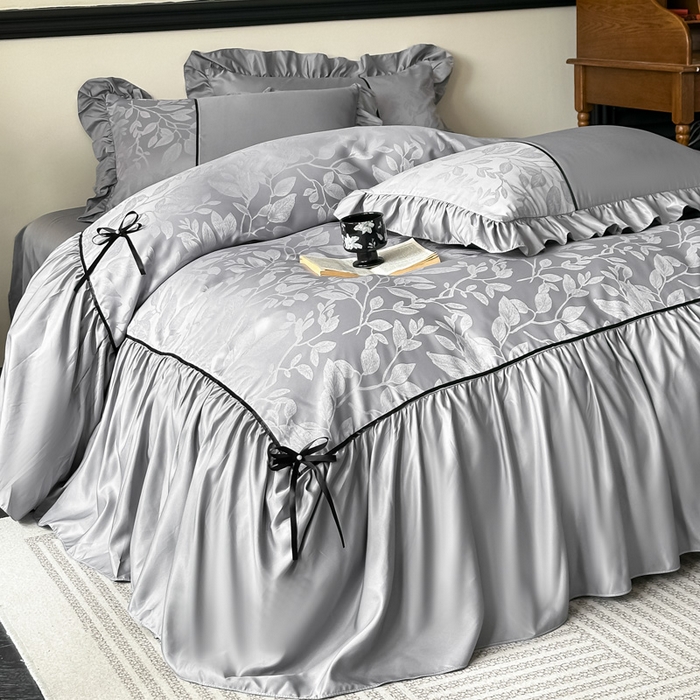 91家纺网 家纺一手货源 找家纺 凯美家居 2025新款法式风水洗真丝提花工艺四件套 叶琉璃 浅灰