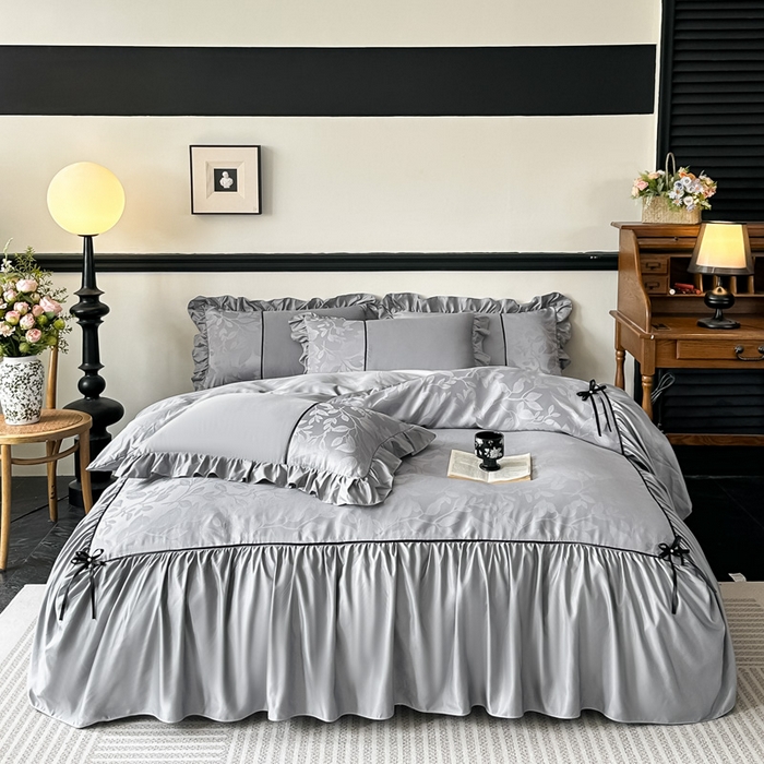 91家纺网 家纺一手货源 找家纺 凯美家居 2025新款法式风水洗真丝提花工艺四件套 叶琉璃 浅灰