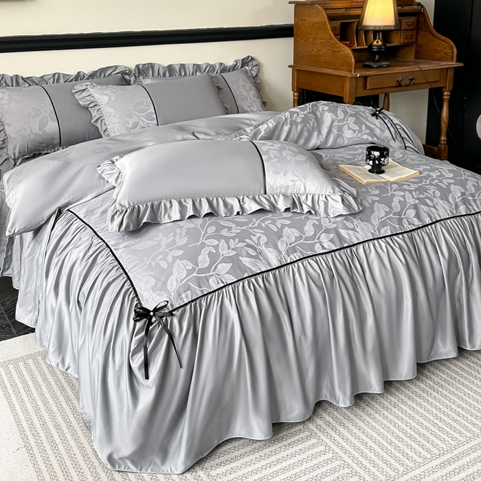 91家纺网 家纺一手货源 找家纺 凯美家居 2025新款法式风水洗真丝提花工艺四件套 叶琉璃 浅灰