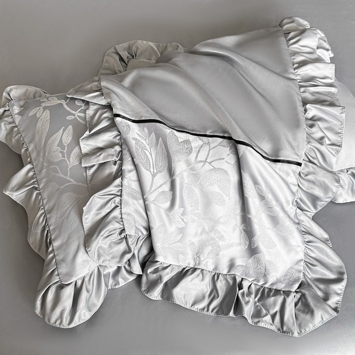 91家纺网 家纺一手货源 找家纺 凯美家居 2025新款法式风水洗真丝提花工艺四件套 叶琉璃 浅灰