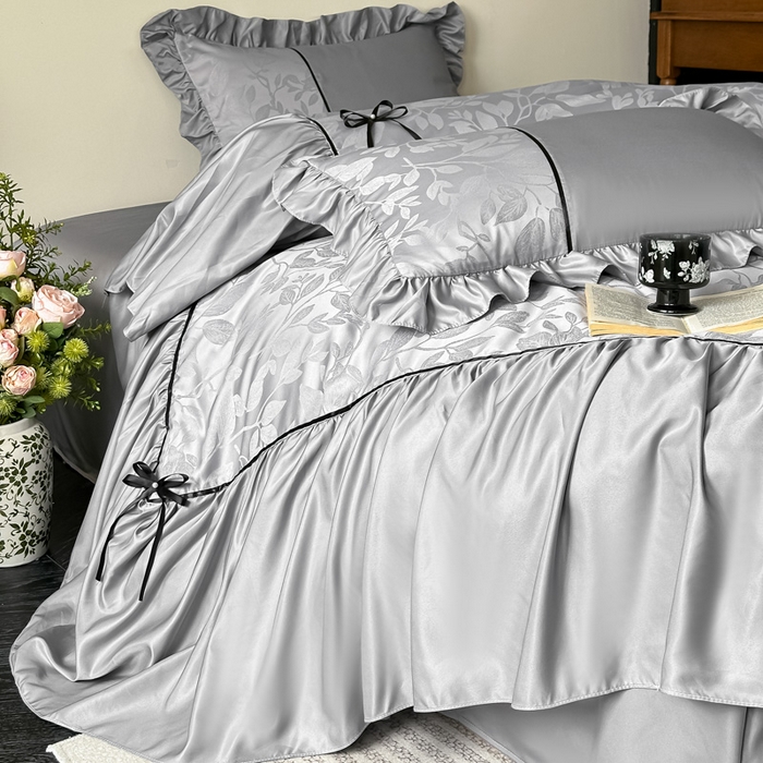 91家纺网 家纺一手货源 找家纺 凯美家居 2025新款法式风水洗真丝提花工艺四件套 叶琉璃 浅灰