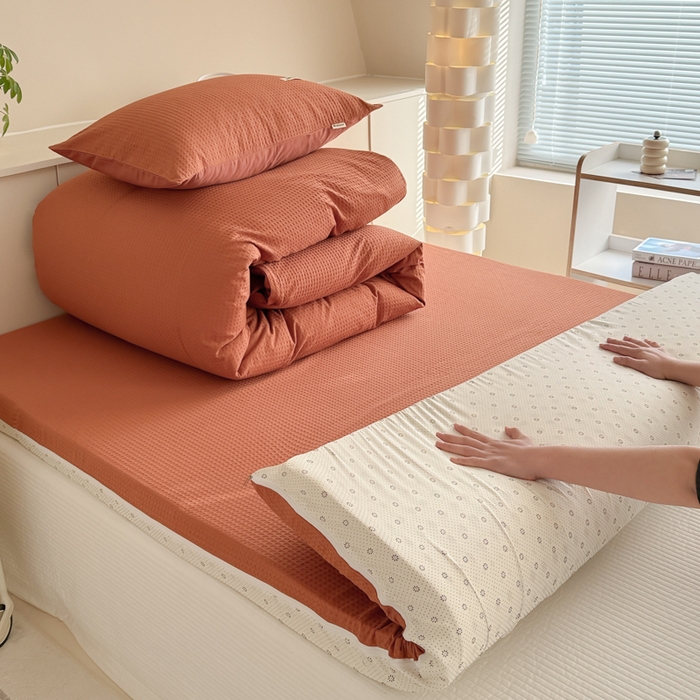 91家纺网 家纺一手货源 找家纺 眠博士 2025新款全棉纯棉华夫格床垫套四件套 华夫格床垫套 套件 焦糖