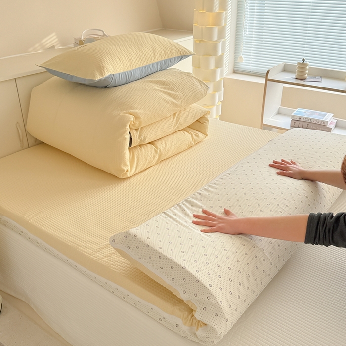 91家纺网 家纺一手货源 找家纺 眠博士 2025新款全棉纯棉华夫格床垫套四件套 华夫格床垫套 套件 奶黄色